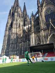 Die Wiener Mannschaft beim Aufwärmen am Spielfeld vor dem Kölner Dom